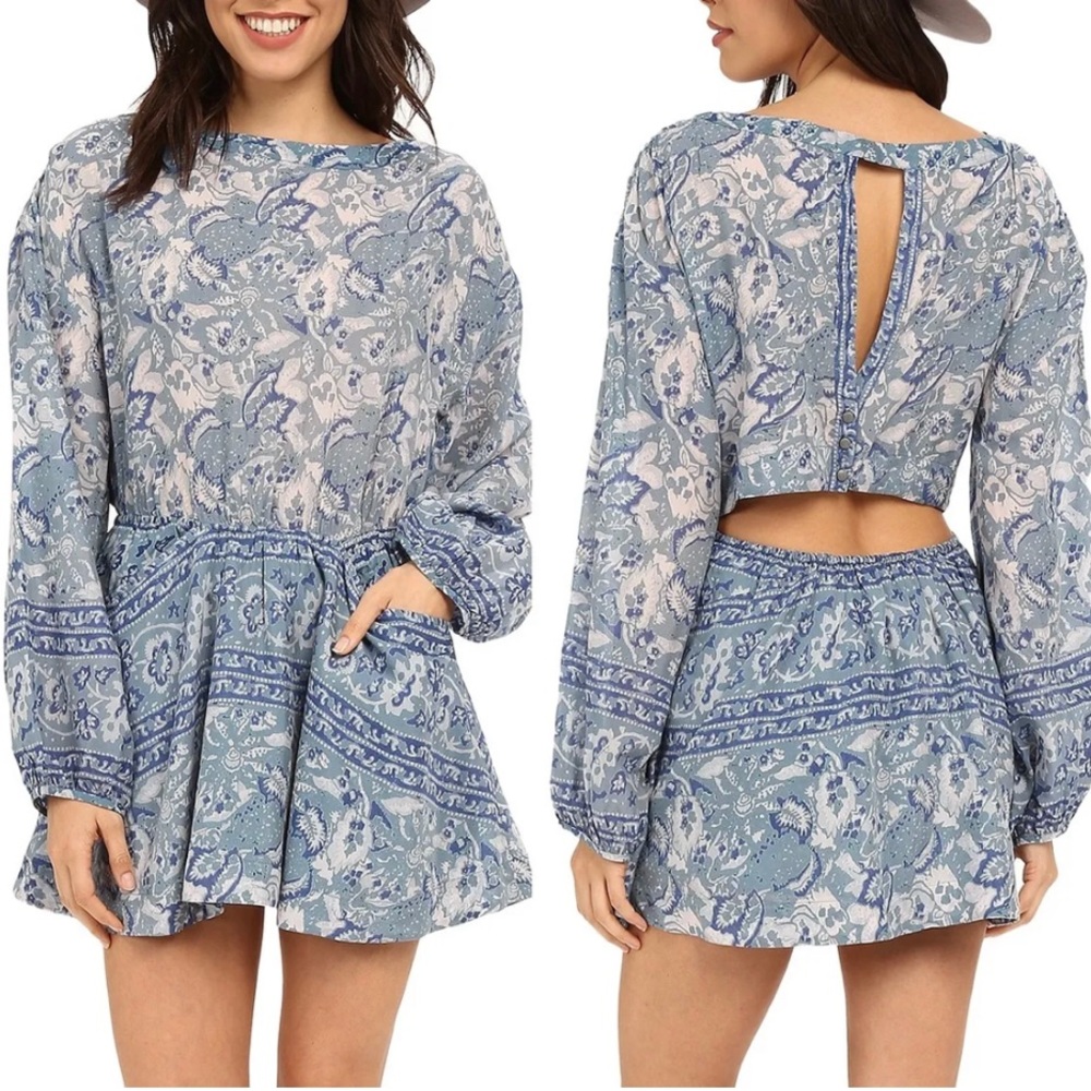 Free People  Washed Blue Silver Sun Floral Blouson Open Back Mini Dress Size XS